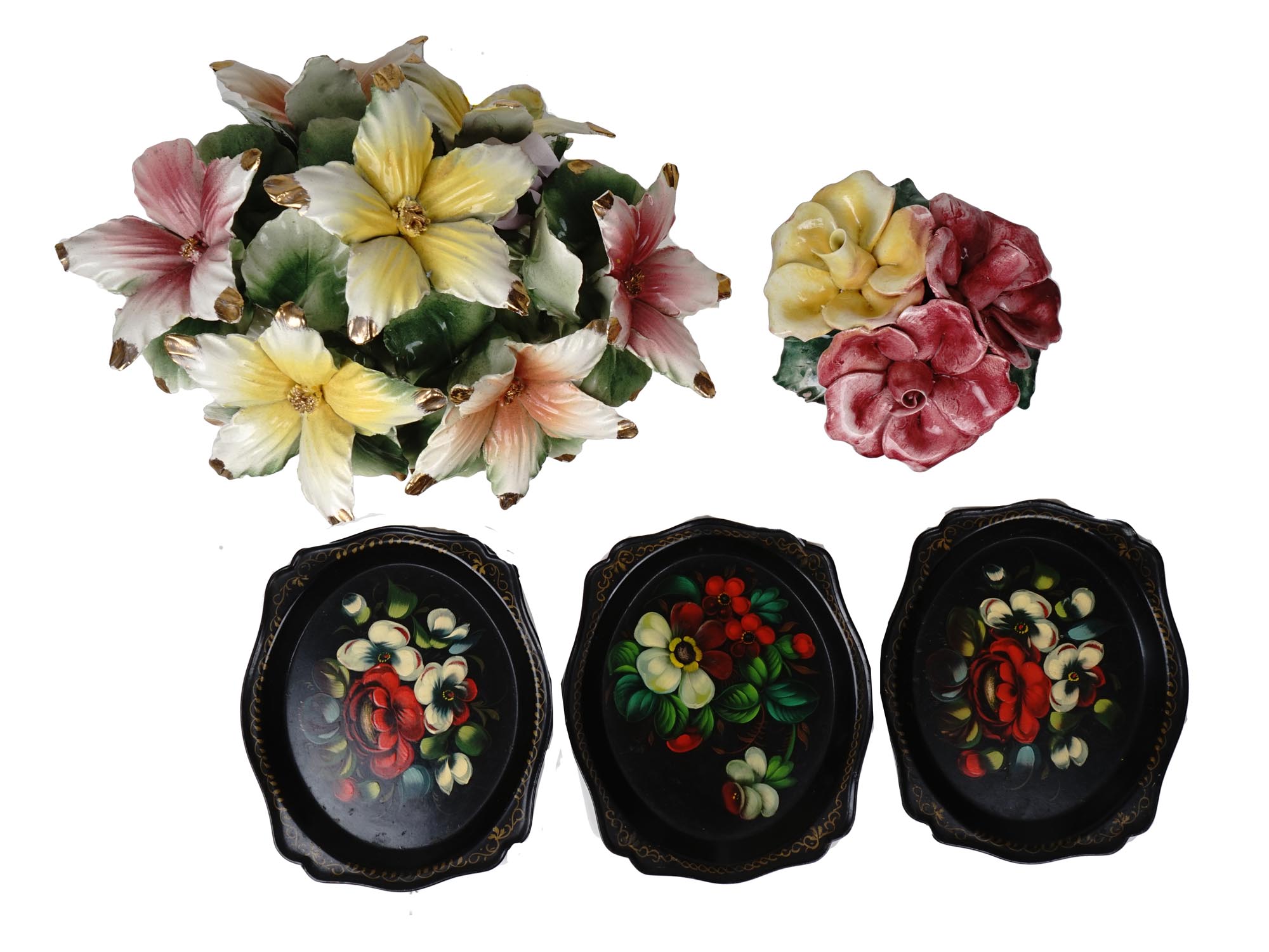 CAPODIMONTE FLOWER BASKETS AND ZHOSTOVO TRAYS PIC-1